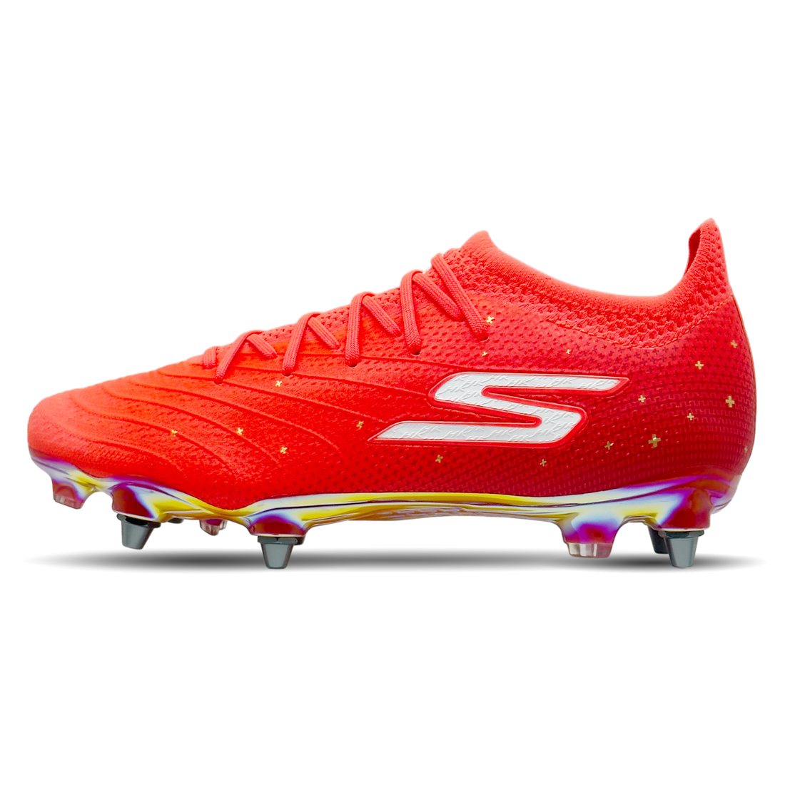 Der Skechers SKX_01 x Harry Kane Elite SG ist ein leistungsstarker Fußballschuh für weiche Naturrasenplätze, entwickelt in Zusammenarbeit mit Top-Stürmer Harry Kane. Das Modell kombiniert modernes Design in Rot-Gold mit innovativer Skechers-Technologie und richtet sich an Spieler, die Präzision, Komfort und Stabilität auf höchstem Niveau verlangen.Das FitKnit™-Obermaterial sorgt für eine eng anliegende, sockenähnliche Passform, die sich flexibel an den Fuß anpasst und gleichzeitig stabilen Halt bietet. Die