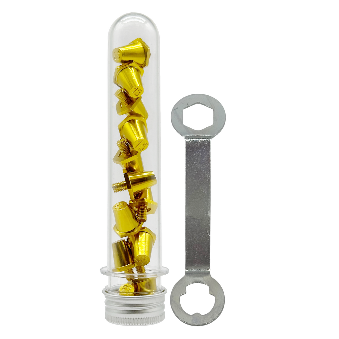 Verbessere deine Traktion auf weichen Böden mit den UNIQUECLEATS SG Pro Premium Aluminium Ersatzstollen [UC-GM1315] in gold von STUNNINGBOOTS.com. Diese hochwertigen Stollen bieten eine herausragende Kombination aus Langlebigkeit und Leistung. Durch ihre Aluminiumkonstruktion garantieren sie eine zuverlässige Haftung auf dem Platz, während ihr Premium-Design deine Schuhe aufwertet. Bestelle jetzt und sichere dir den entscheidenden Vorteil für jedes Spiel!